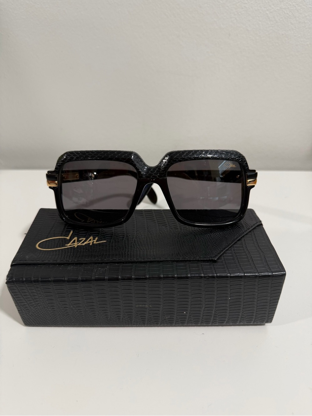 Cazal Black leather Frame Sunglasses with Gold Accents